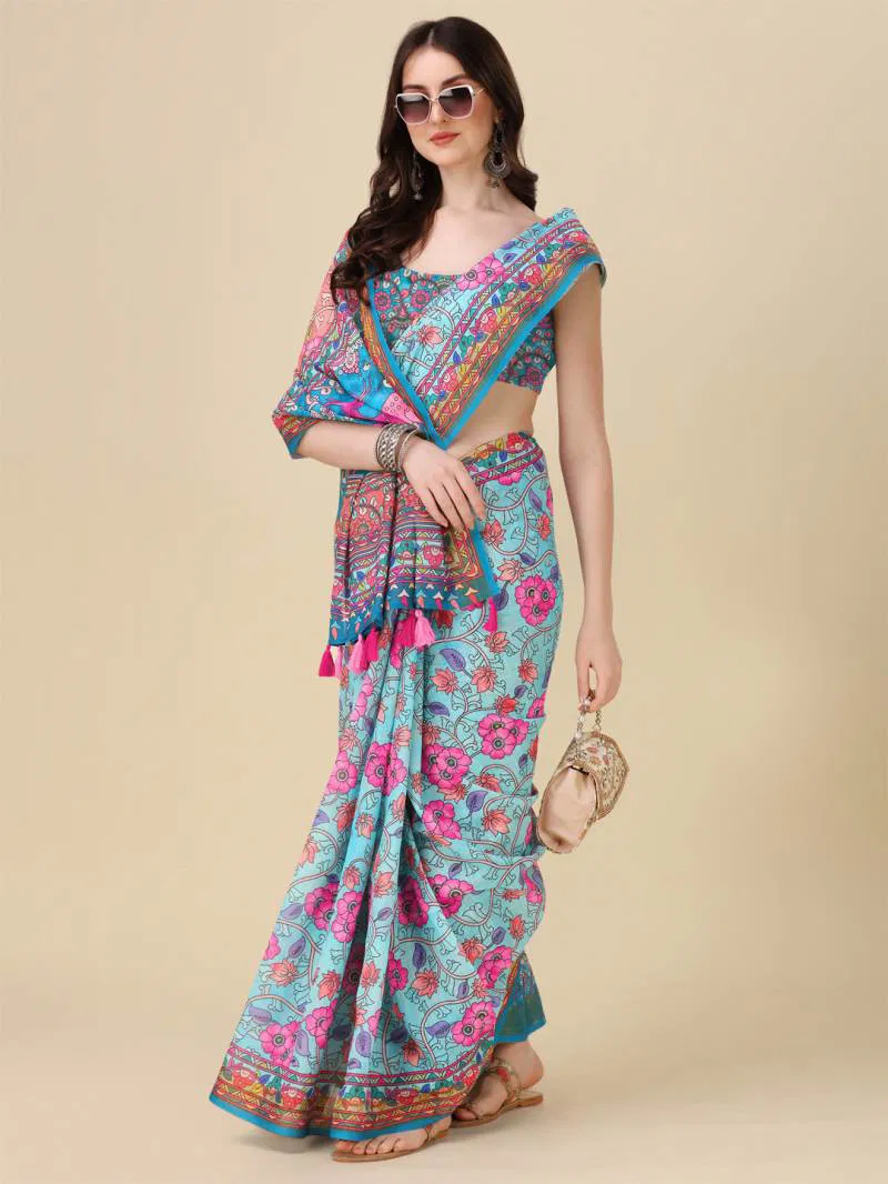 Kz Kalamkari Saree 1 Lilen Zari Patta Digital Kalamkari Printed Saree Suppliers In India