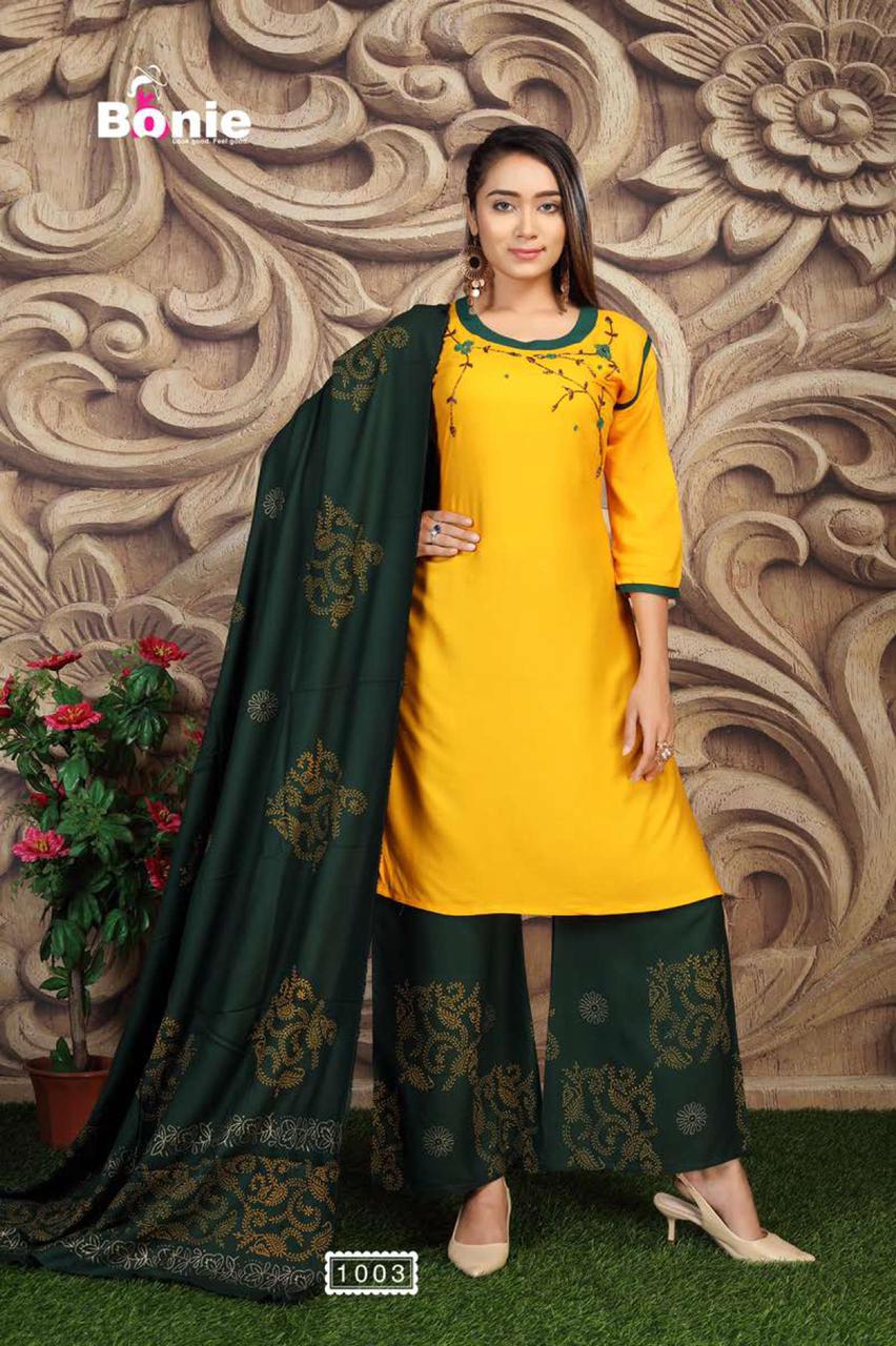 Bonie Jannat 2 Fancy Casual Wear Rayon Designer Kurti With Palazzo With Dupatta Collection
