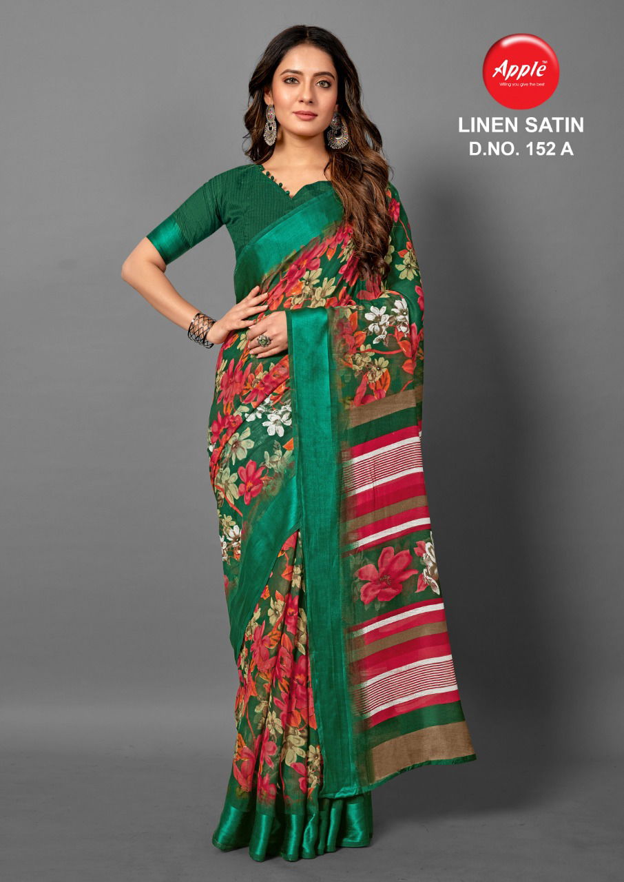 Apple Linen Satin 152 Fancy Printed Casual Wear Line Satin Saree Collection

