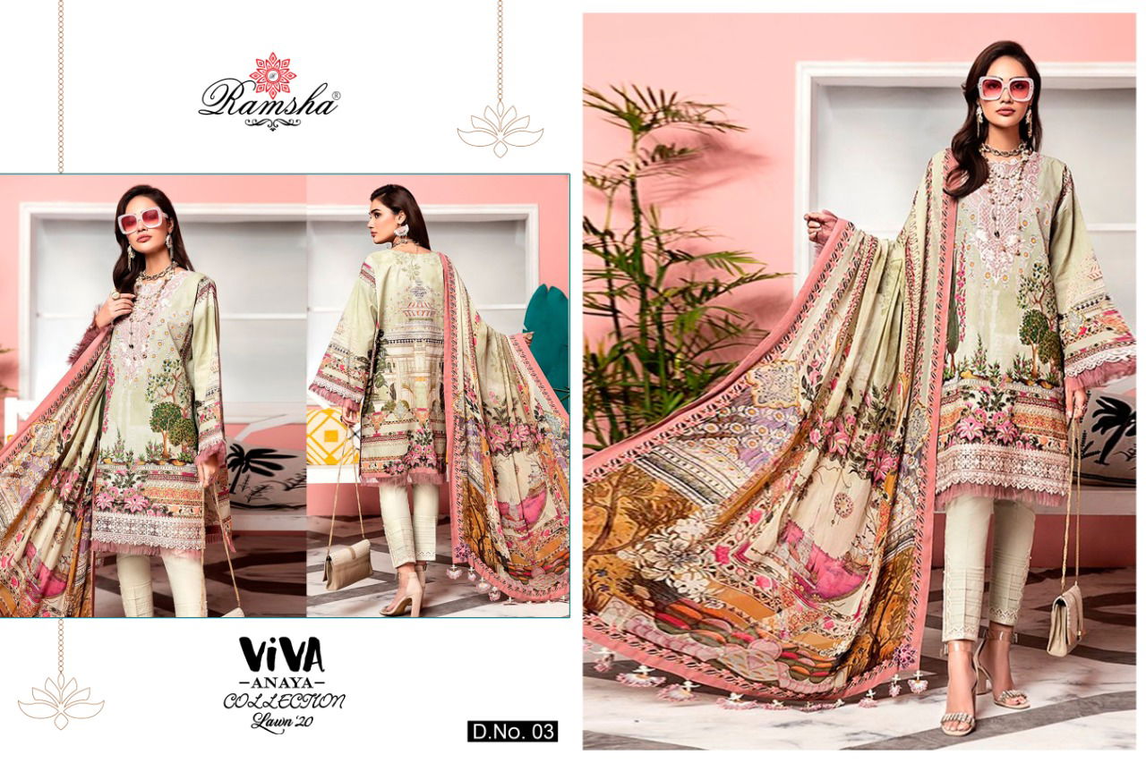 Ramsha Viva Anaya 2020 Latest Digital Print Embroidered Cambric Cotton Pakistani Salwar Suits Collection 