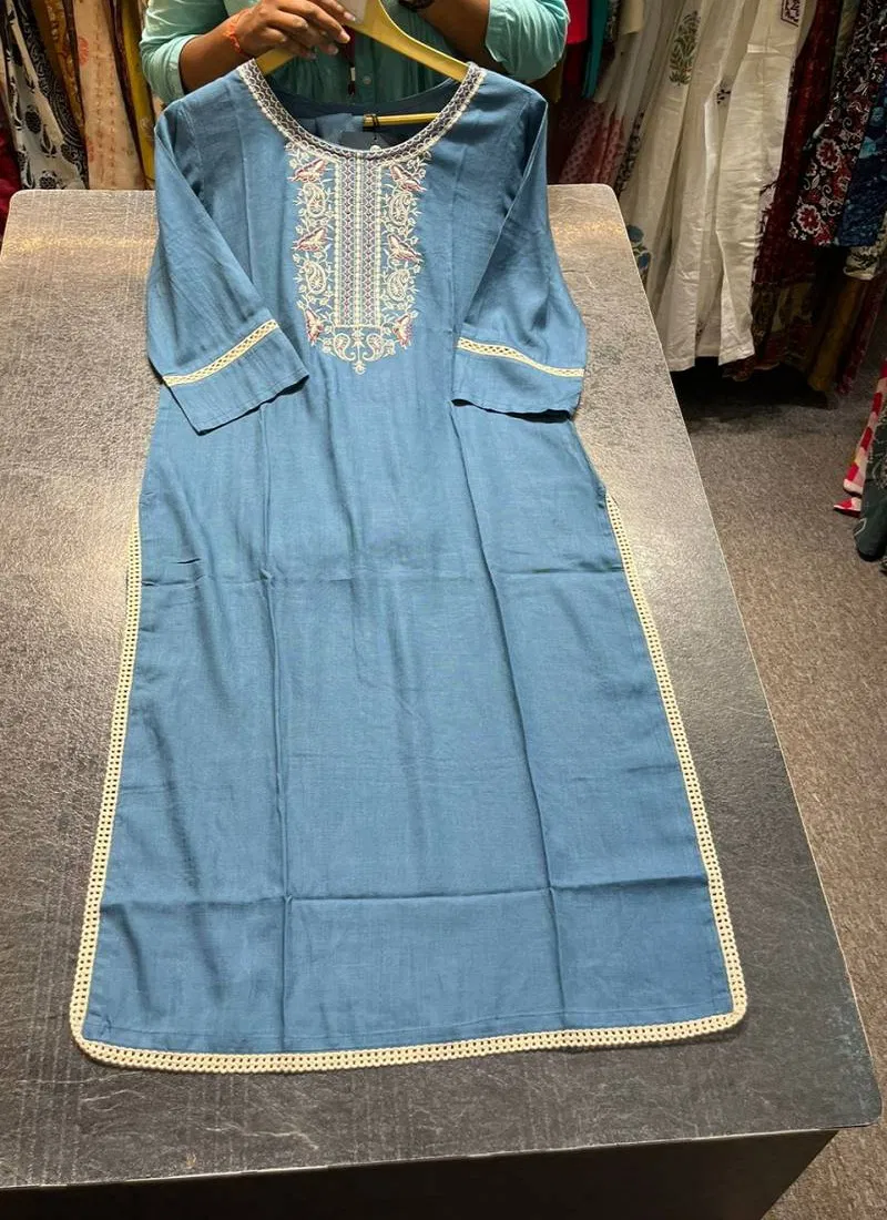 Naisha K 12 Rayon With Neck Embroidery Work Straight Kurti With Bottom Wholesale Market In Surat With Price