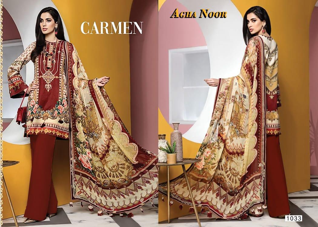 Agha Noor 3 Latest Fancy Festive Wear lawn cotton Top And Bottom With Mal Mal Printed Dupatta Karachi Dress Materials Collection