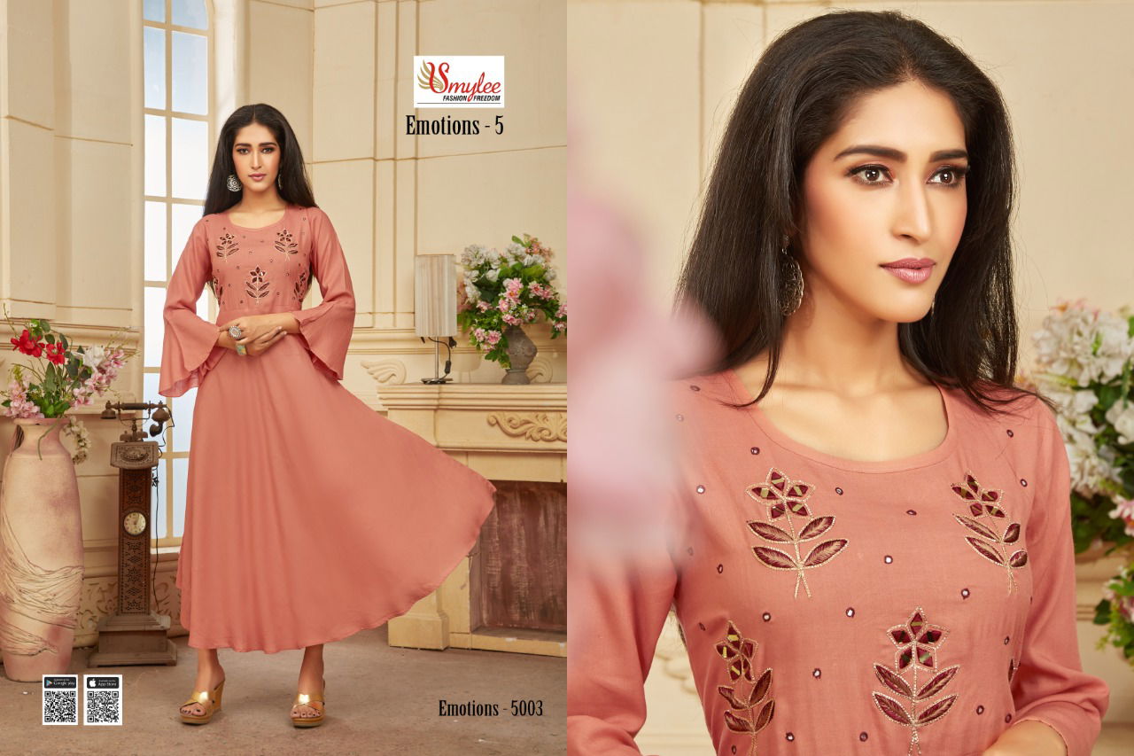 Smylee Emotions 5 New Collection Of Designer Party Wear Hand Work Rayon Kurtis 
