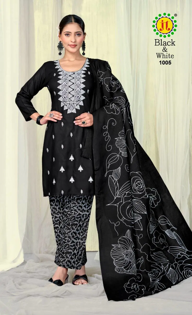 Jt Black And White Rayon Embroidery Dress Material Wholesale Market In Surat With Price