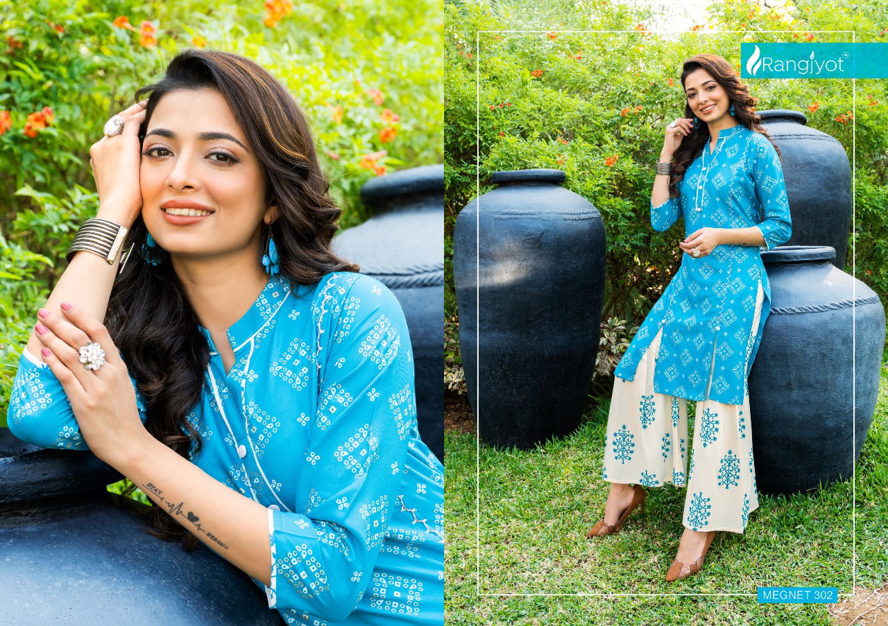 Rangjyot Magnet Vol 3 Latest Party Wear Heavy Rayon Gold Printed Kurti With Bottom Collection
