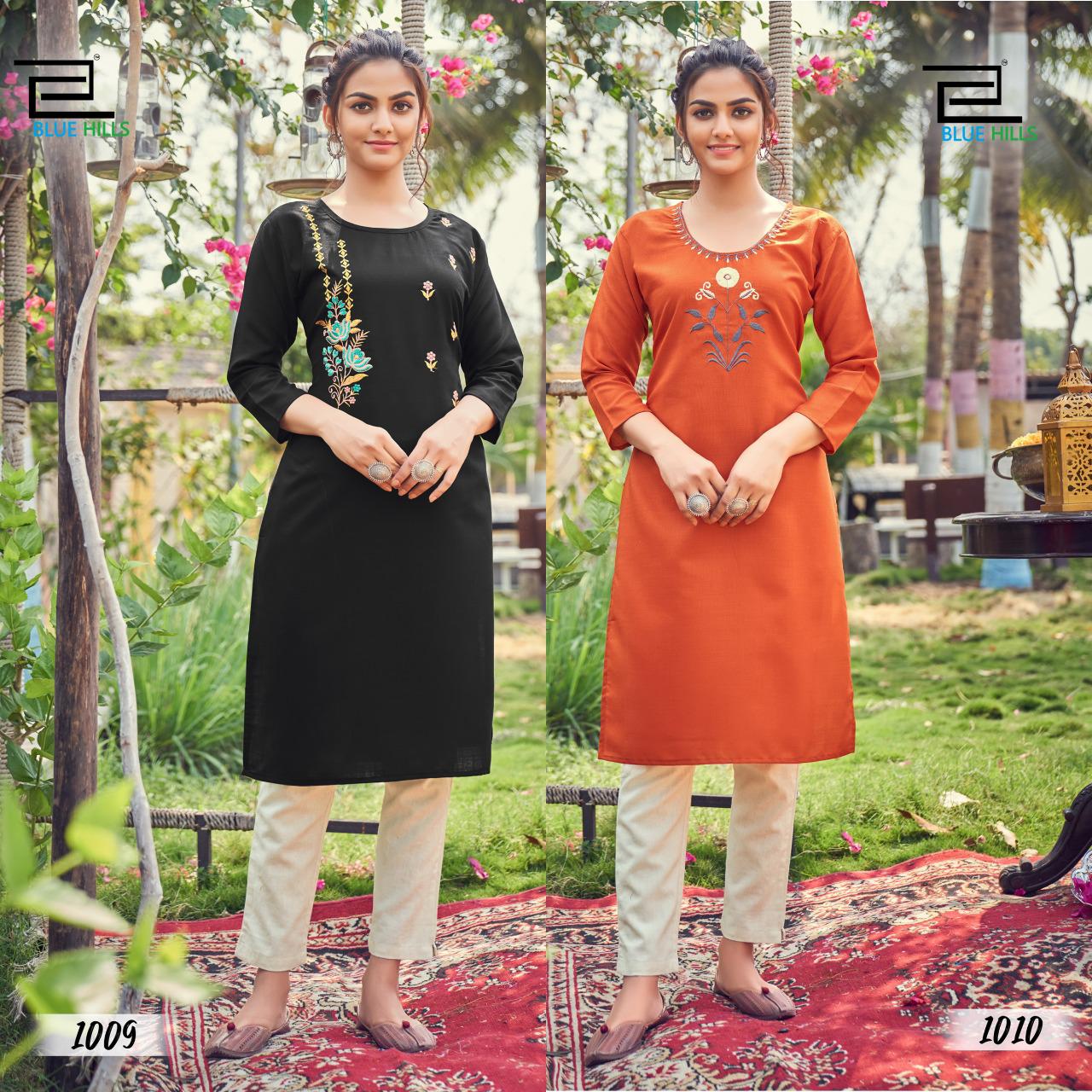 Blue Hills Instagram Latest Fancy Designer Casual Wear Slub Cotton Straight Embroidery Kurtis Collection
