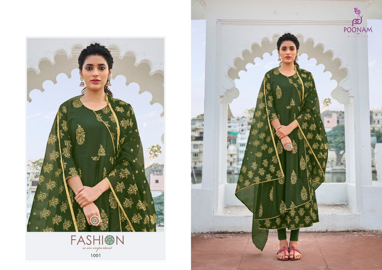 Poonam Anika Latest Fancy Designer Pure malai cotton Double layer Gown With Foil Print Long Kurti With Dupatta Collection
