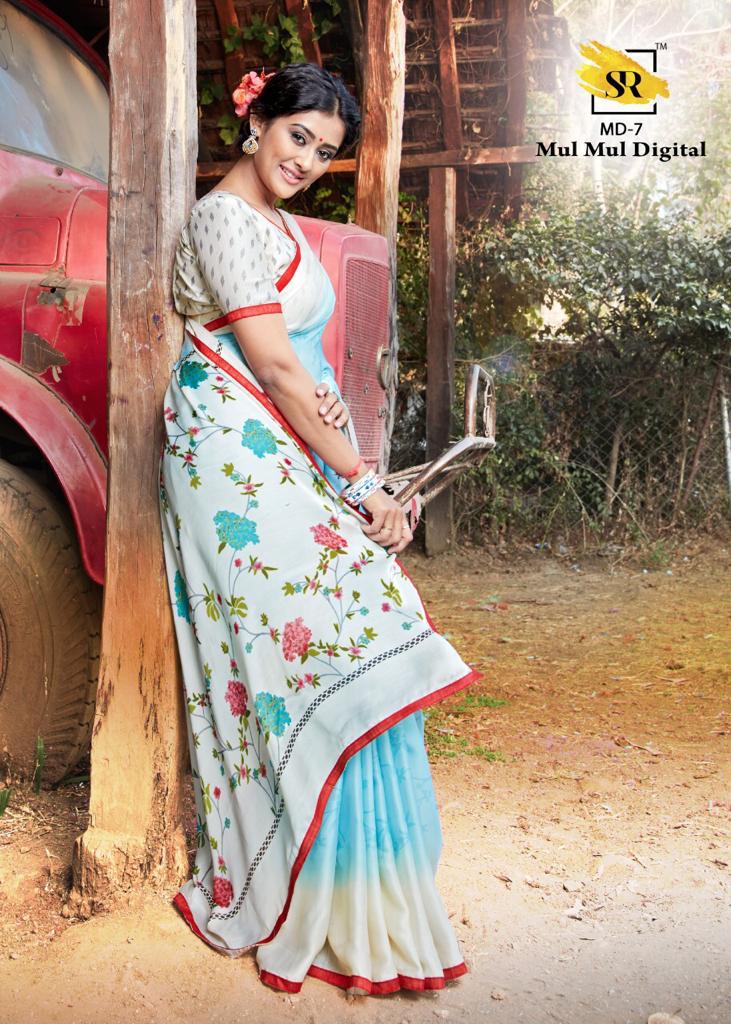 Sr Mulmul Digital Exclusive Designer Digital Printed Party Wear Satin Saree Collection 