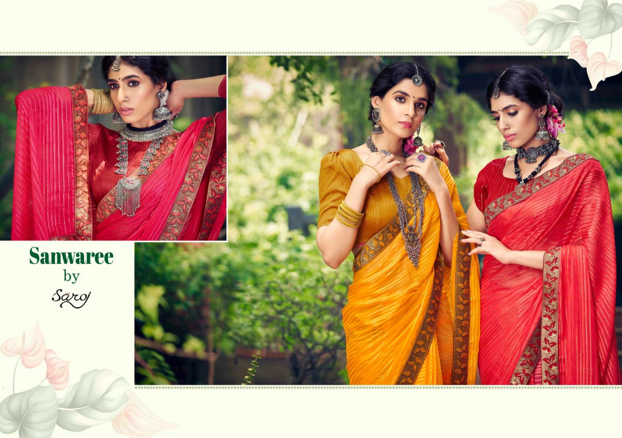 Saroj Sanwaree Weightless Georgette Satin Designer Party Wear Saree Collection
