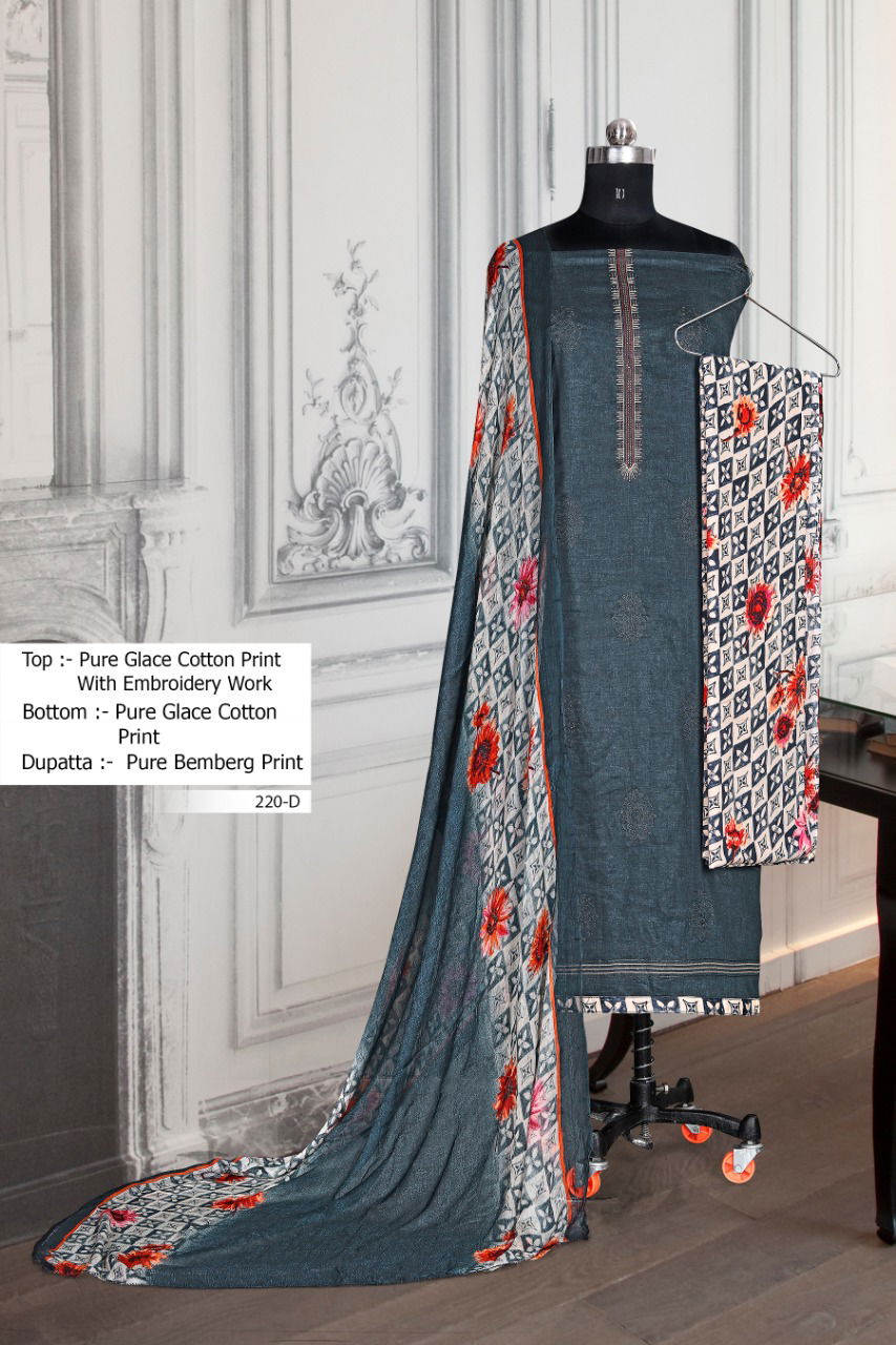 BIPSON 220 COLOURS Latest Designer Casual Daily Wear Cotton Glace Print with Embroidery work Dress Material 