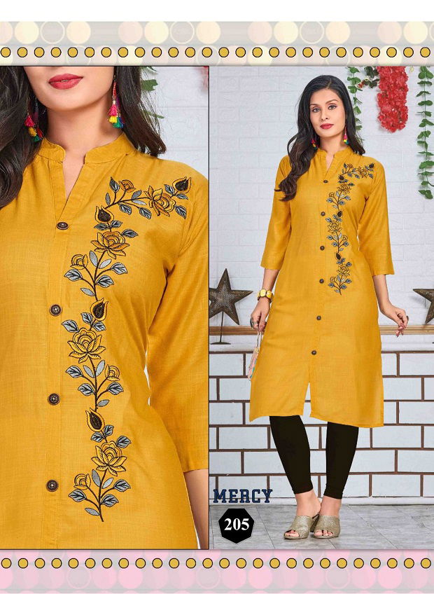 Mercy 2 Latest Designer Fancy Ethnic Wear Embroidery Work Rayon Slub Kurtis Collection
