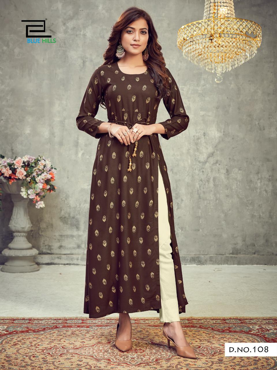 Blue Hills First Date Designers Long Printed Rayon Party Wear Kurtis Collection
