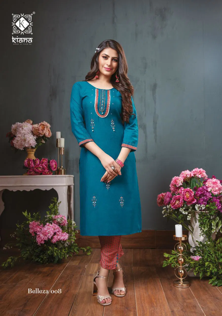 Kiana Belleza Latest fancy Designer Rayon Ethnic Wear Kurti With Bottom Collection
