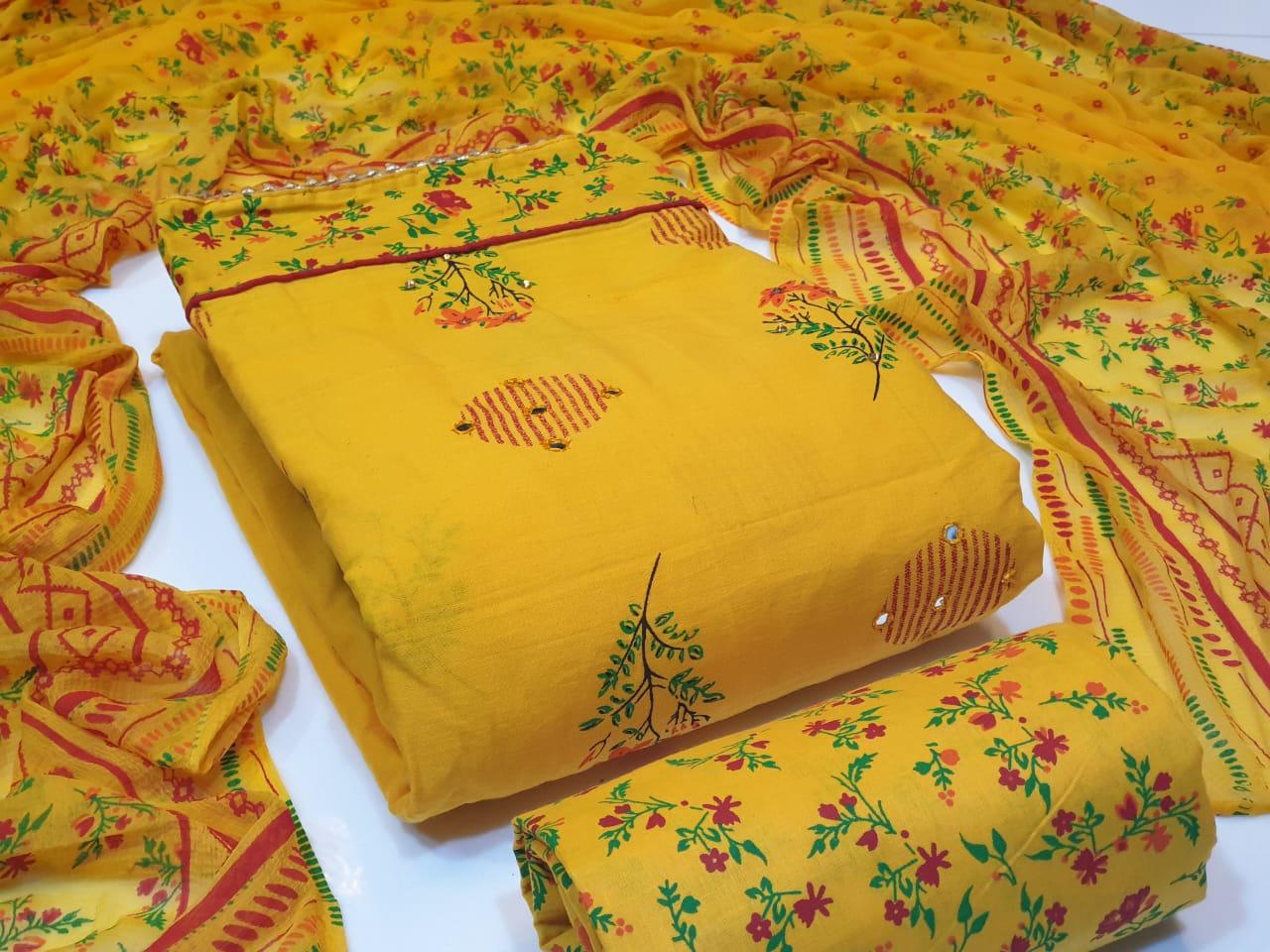 Pure Cotton Designer Latest Mirror Work With Printed Chiffon Dupatta Dress Material Collection 