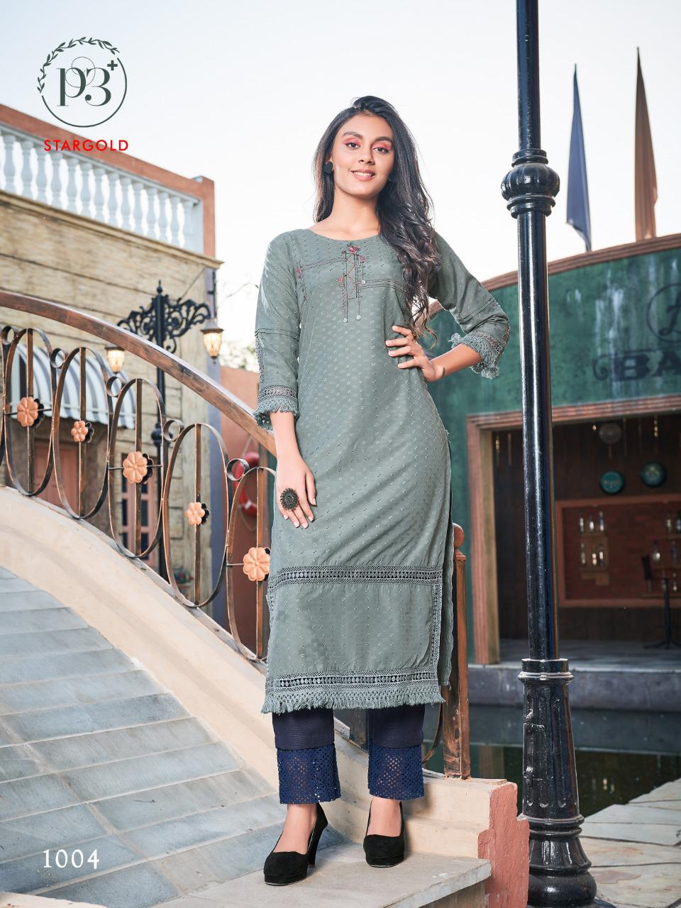 P3 Star Gold Latest Fancy Designer Ethnic Wear Poly Rayon Embroidery Kurti With Bottom Collection
