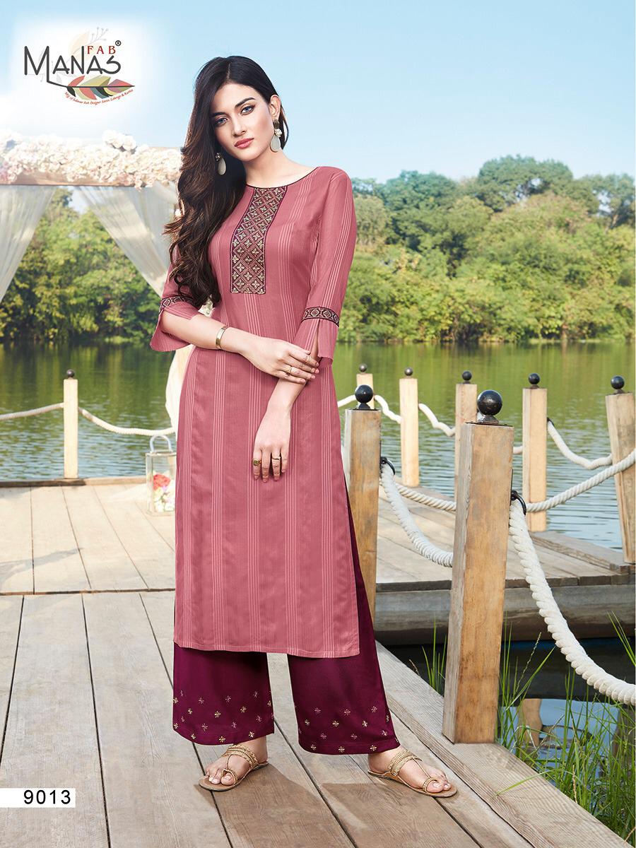 Manas Hirwa 2 Latest Designer Collection Ethnic Wear Rayon Embroidery Work Straight Kurti With Bottom 
