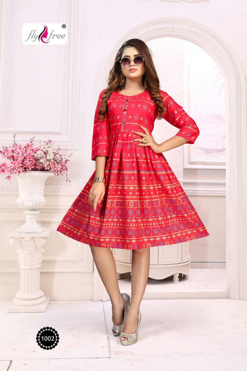 Fly Free Phonix Latest fancy bcasual wear Rayon Printed Designer Anarkali Kurtis Collection
