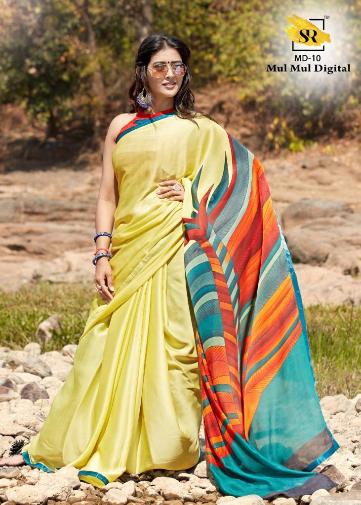 Sr Mulmul Digital Exclusive Designer Digital Printed Party Wear Satin Saree Collection 
