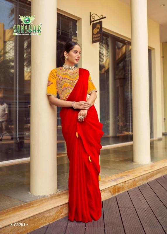 New Arrival By Sanskar Simar Chiffon With Contrast Embroidery Saree Wholesale In India