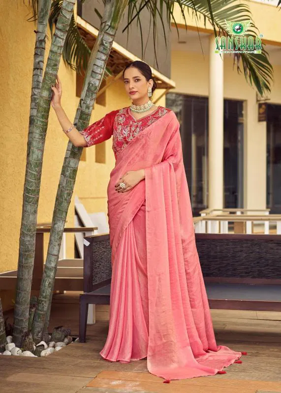 New Arrival By Sanskar Simar Chiffon With Contrast Embroidery Saree Wholesale In India
