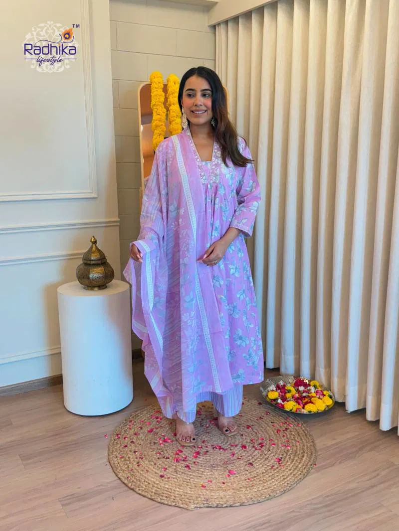 Radhika Anarkali Plazo Set Cotton Printed Kurti Pant With Dupatta Wholesale Suppliers In Mumbai
