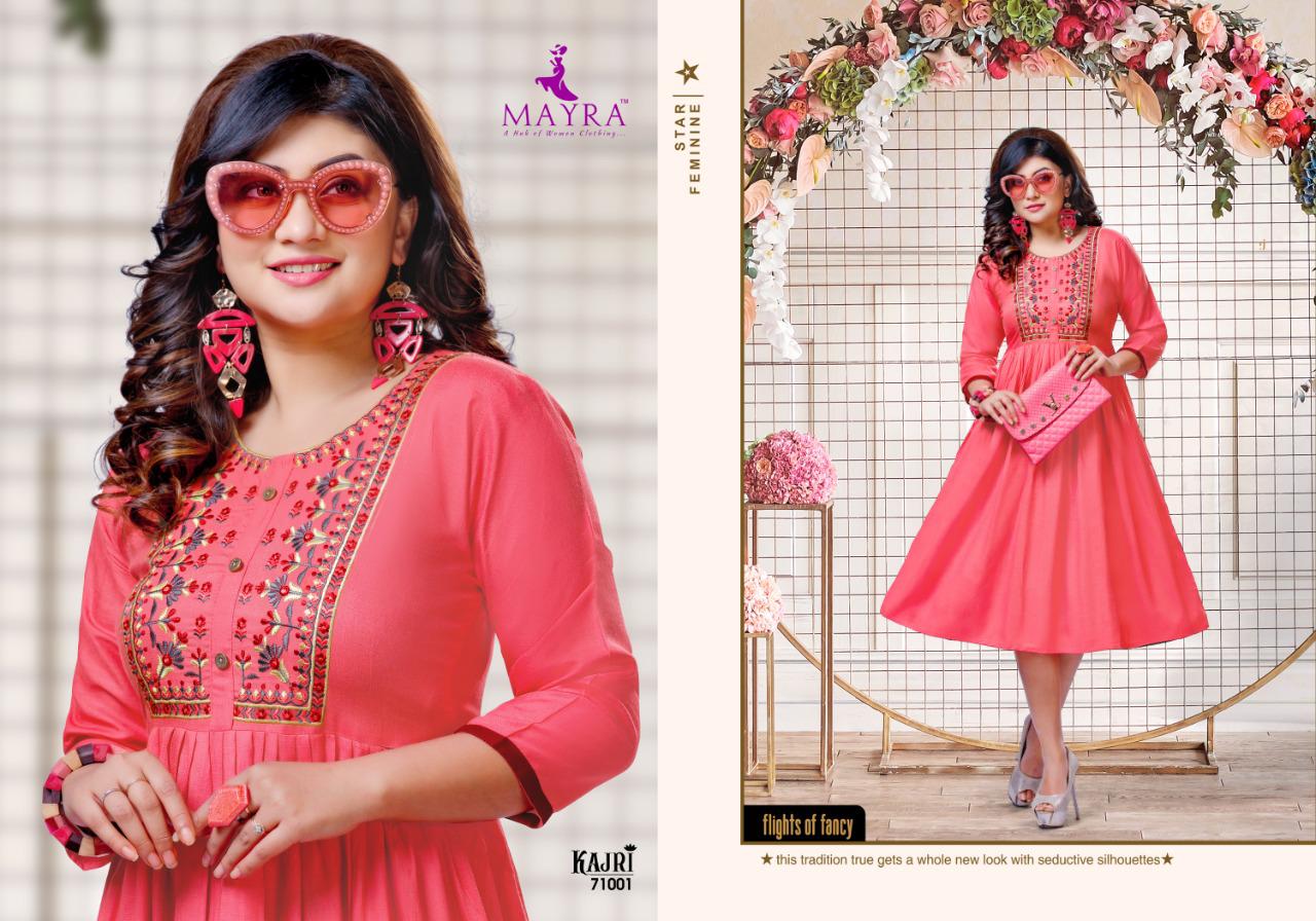 Mayra Kajri Latest Fancy Casual Wear Rayon Embroidery Work Anarkali Kurtis Collection
