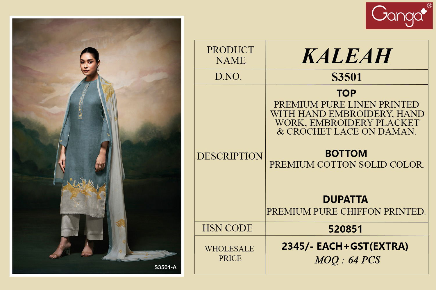 Kaleah 3501 By Ganga Linen Printed Salwar Suit Wholesale Shop In Surat
