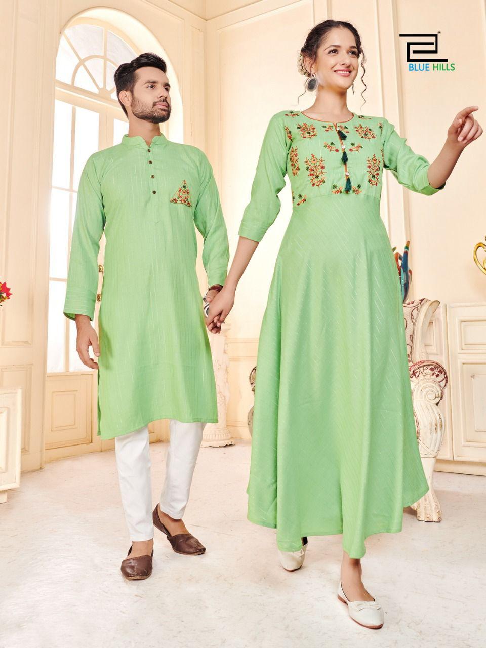 Blue Hills Love Birds Designer Party Wear Rayon Couple Kurta Latest Combo Collection

