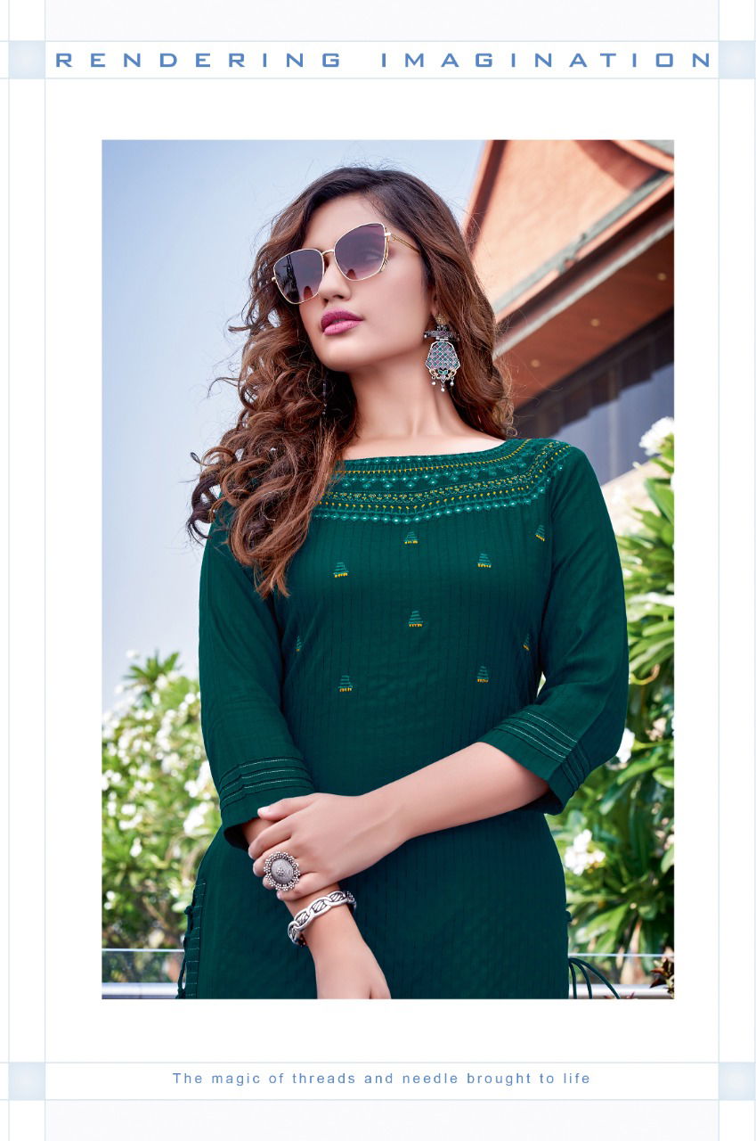 Wooglee Fashion Kesar Vol 4 Rayon Party Wear Weaving With Embroidery Hand Work Kurti With Pant Collection