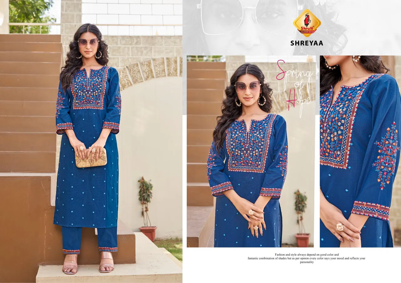 Paheli Vol 11 By Shruti Cotton Linen Embroidery Kurti With Bottom Exporters In India