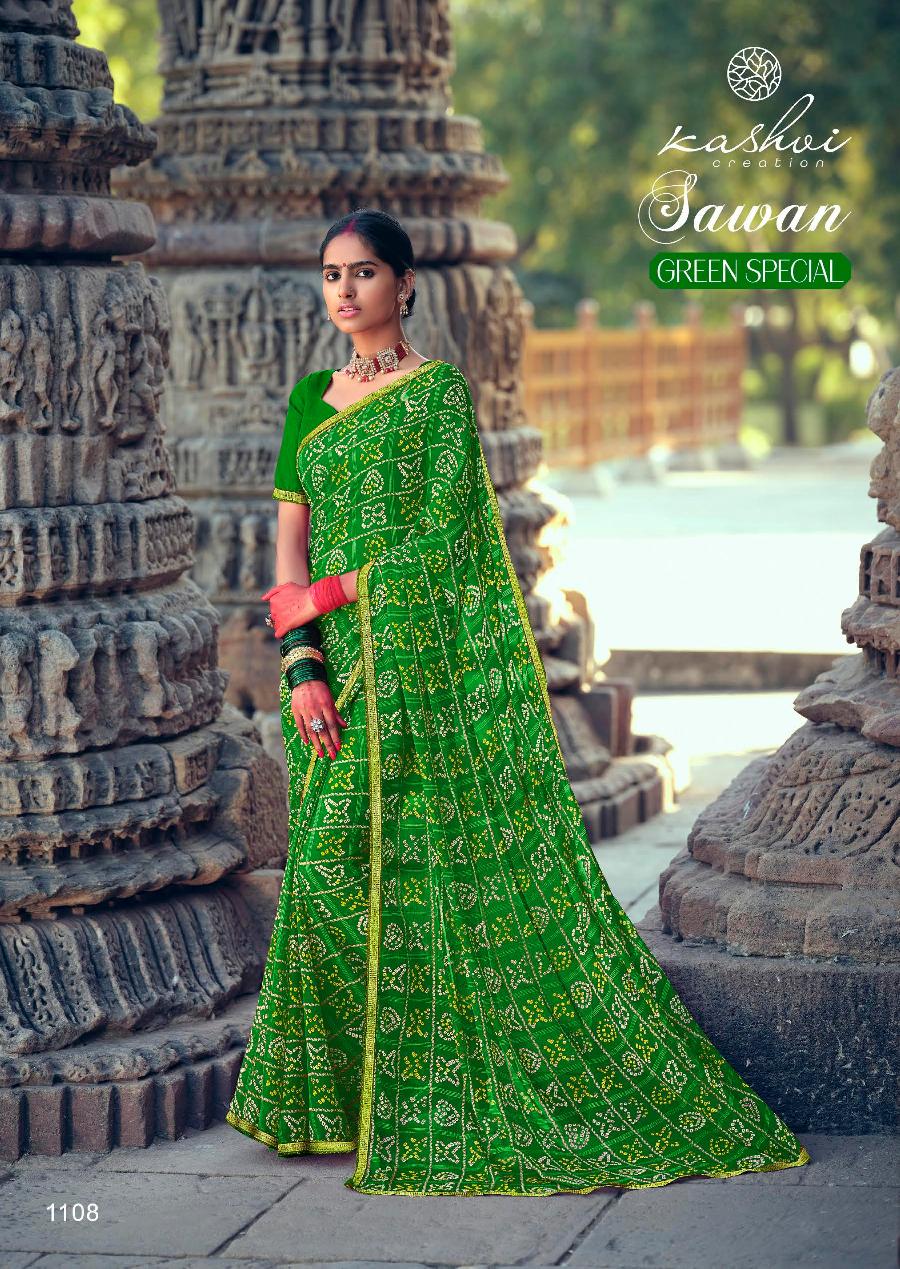 Kashvi Sawan Green Casual Wear Printed Designer Chiffon Saree Collection
