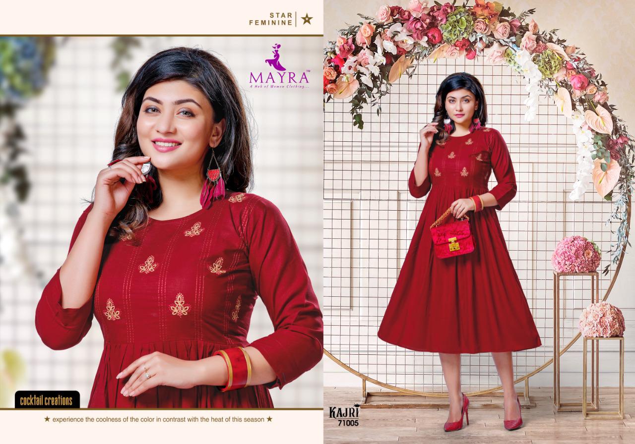 Mayra Kajri Latest Fancy Casual Wear Rayon Embroidery Work Anarkali Kurtis Collection
