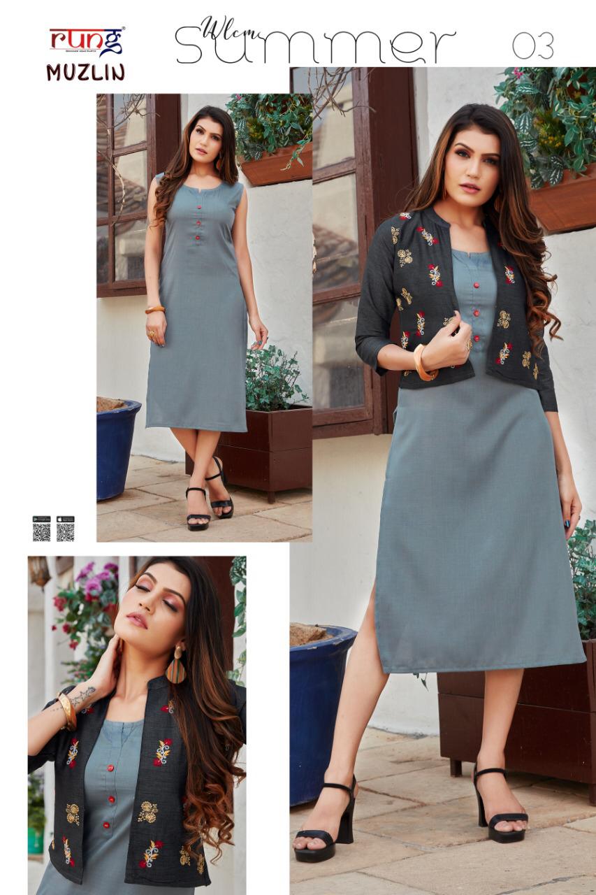 Rung Muzlin Heavy Slub Rayon Designer Party Wear Kurti With Jacket Collection
