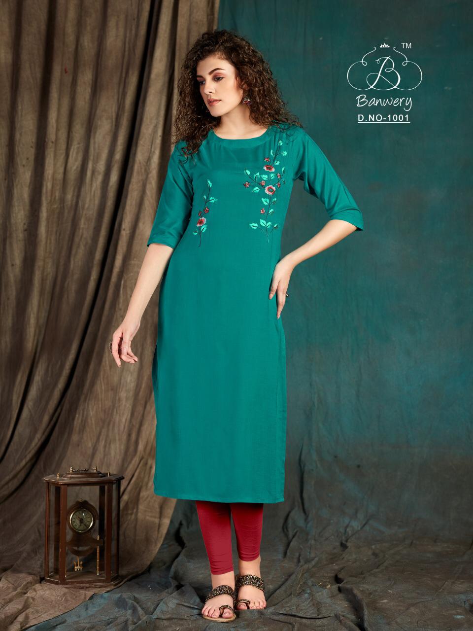 Banwery Taapsee Heavy Slub Rayon Airjet With  Embroidery Work Designer Kurtis Colections