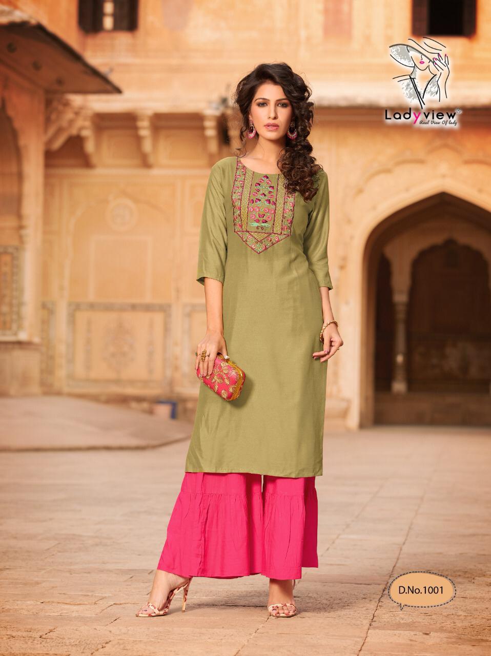 Ladyview Goriya 1 Latest  Rayon Printed Fancy Embroidery work Party Wear Kurti With Sharara Collection
