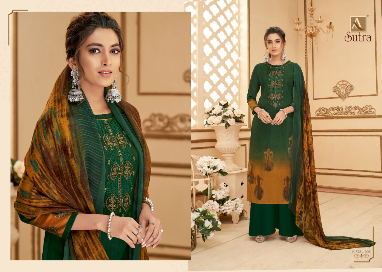 Alok Sutra Fancy Designer Heavy Festive Wear Pure Jam Cotton Print with Fancy Embroidery and Swarovski Diamond Work Dress Material
