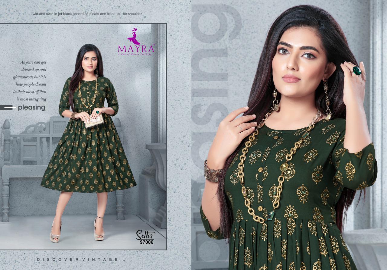 Mayra Seltos Rayon Printed Designer Party Wear and Regular Wear Kurtis Collection