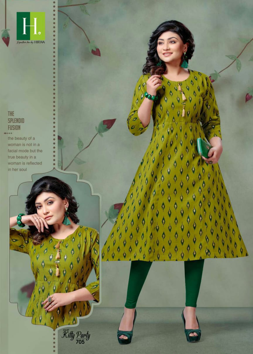 Hirwa Kitty Party 7.3 Latest Fancy Designer Casual Wear Ikkat Print Pure Cambric Cotton Flair Kurti Collection
