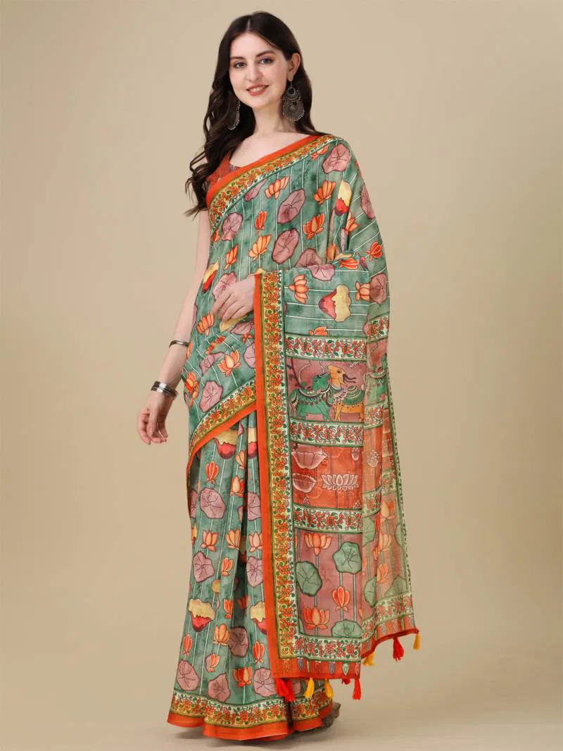 Kz Kalamkari Saree 1 Lilen Zari Patta Digital Kalamkari Printed Saree Suppliers In India