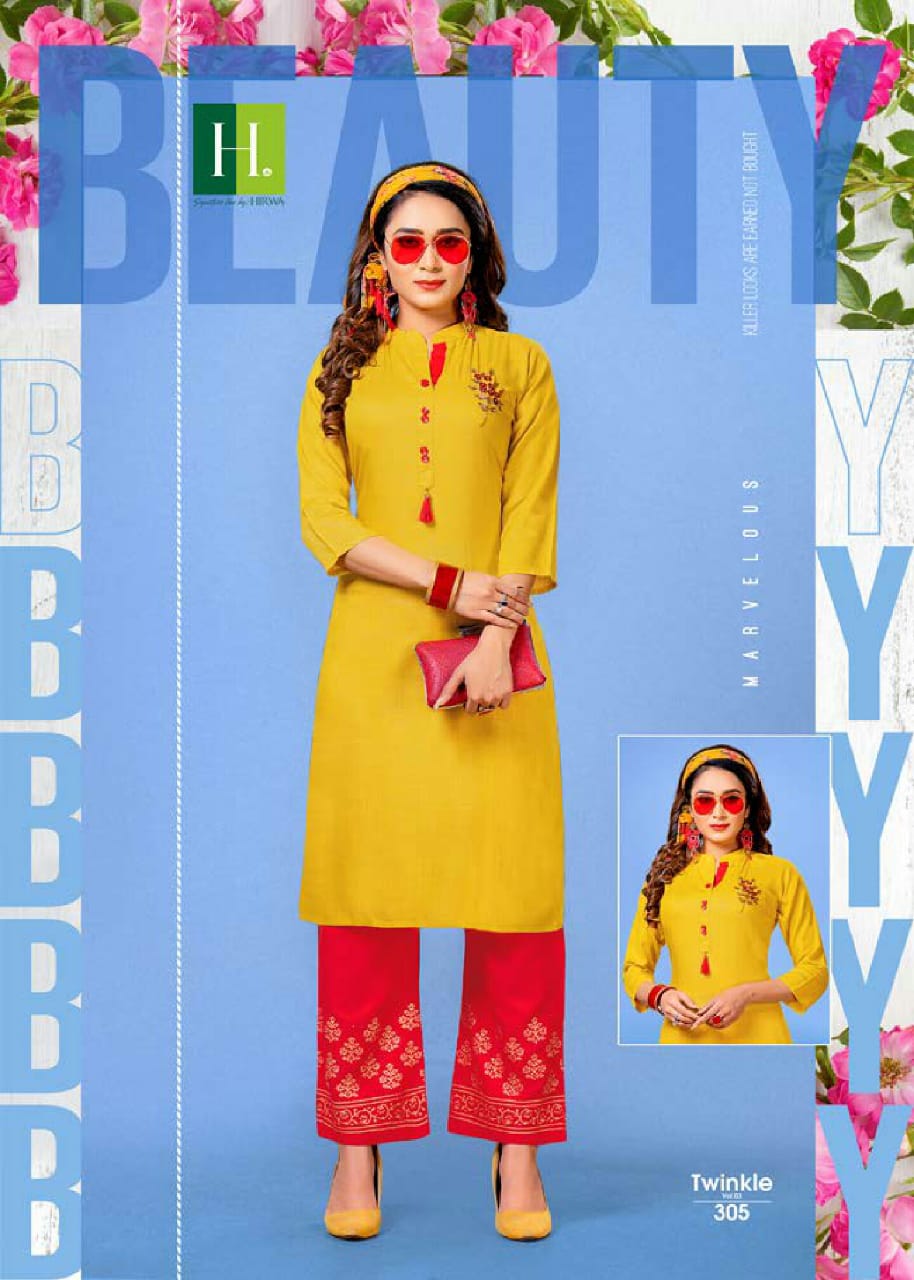 Hirwa Twinkle 3 Latest Fancy Designer Rayon Gold Print Kurti With Bottom Collection
