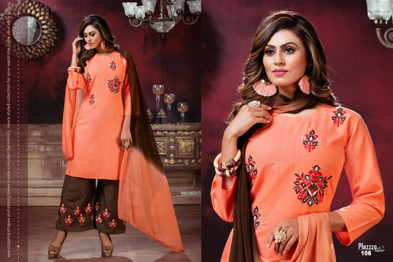 Plazzo Silver Daily Wear Latest Heavy Rayon With embroidery work Plazzo Suit  Collection 