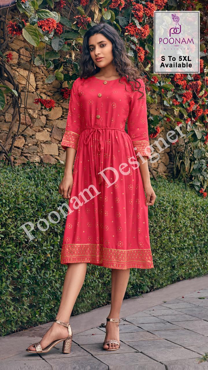POONAM  DESIGNEE  FORUM Latest Fancy Designer Heavy Ethnic Wear Pure Rayon Foil Print Kurtis Collection