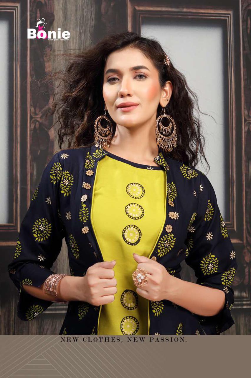 Bonie Jacket House Fancy Party Wear Jacket With Skirt rayon Printed Kurtis Collection
