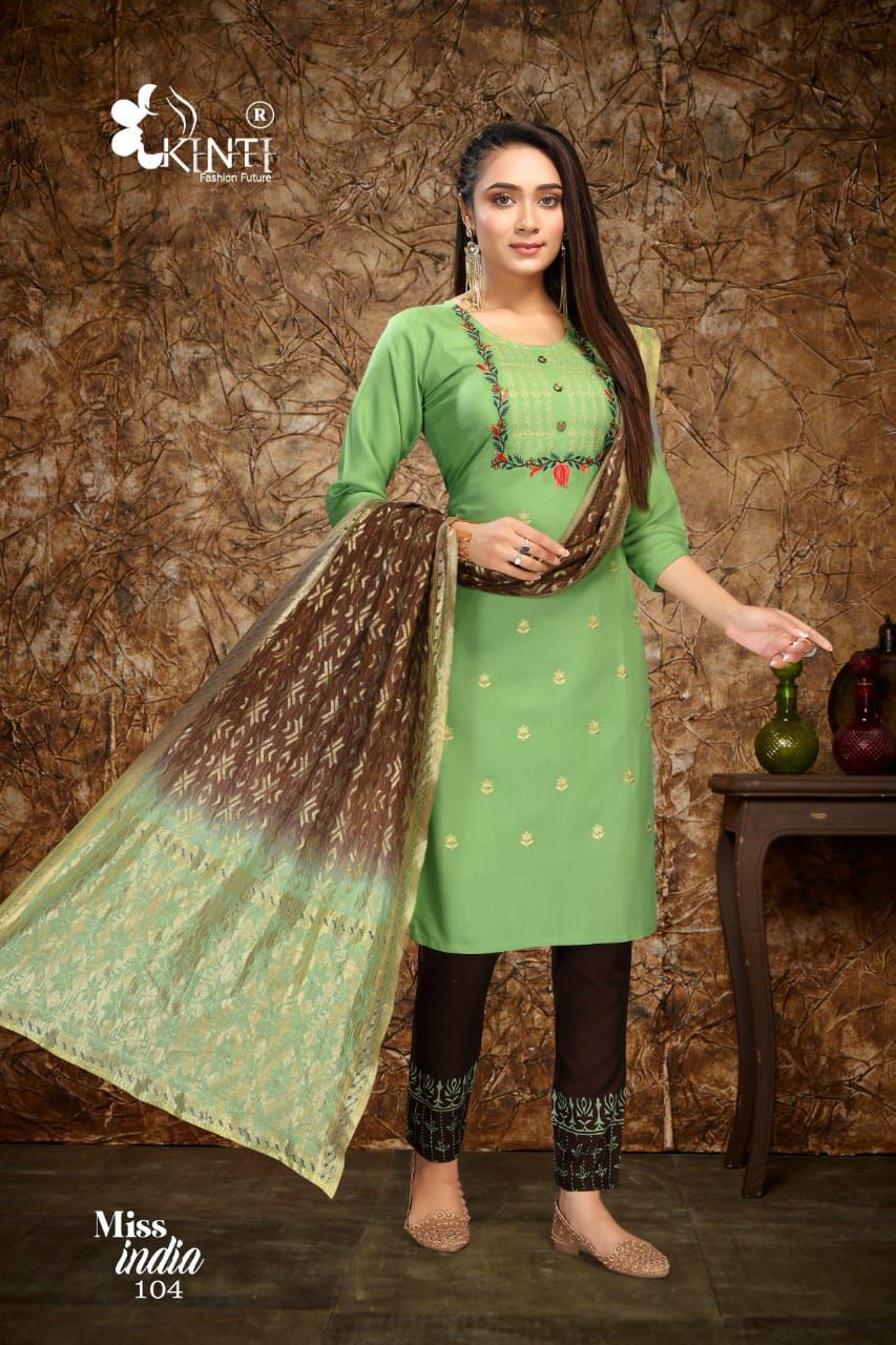 Kinti Miss India Festive Wear Rayon Top Pent And Dupatta Ready Made Collection
