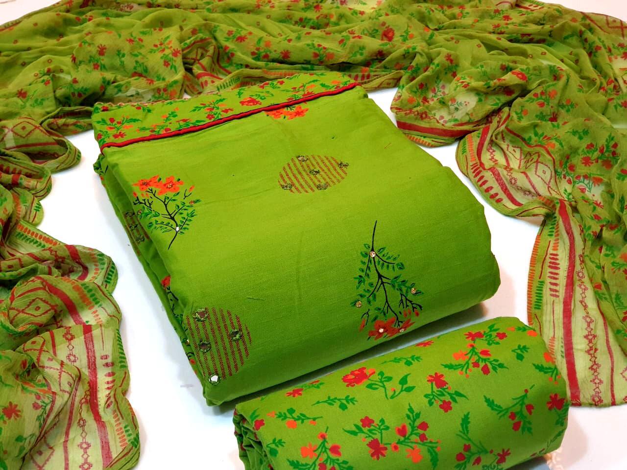 Pure Cotton Designer Latest Mirror Work With Printed Chiffon Dupatta Dress Material Collection 