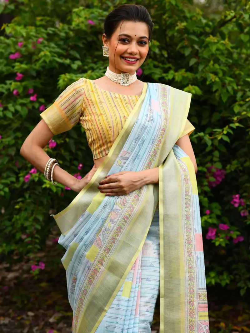 Linen Kantha Saree 1 Lilen Zari Patta Digital Kantha Stitch Printed Saree Bulk Orders In India