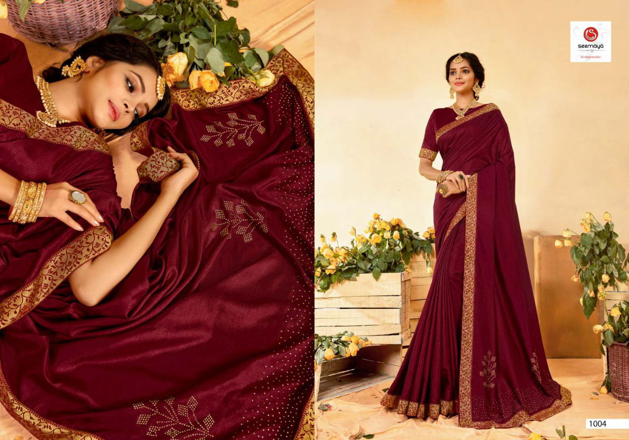 SEEMAYA SIYA Latest fancy Designer party Wear Dola Silk With fancy Border With Swarovski Diamond Work Saree Collection