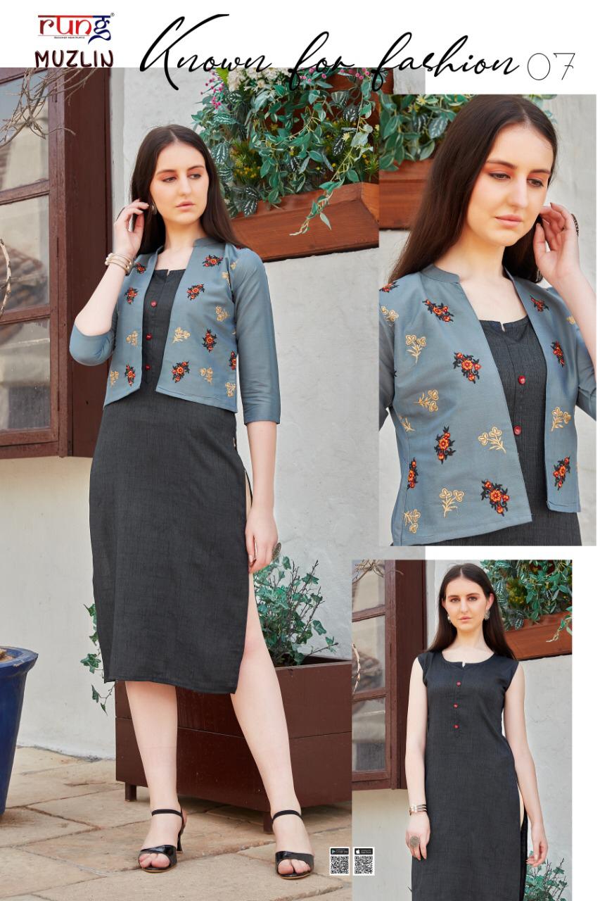 Rung Muzlin Heavy Slub Rayon Designer Party Wear Kurti With Jacket Collection
