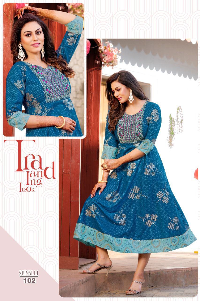 Akhand Jyot Srivalli Fancy Ethnic Wear Rayon Designer Long Kurti Collection