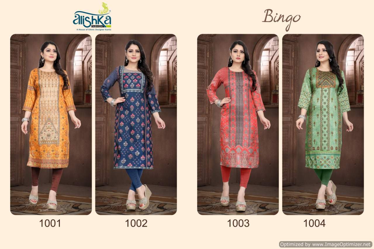 Alishka Bingo Latest Designer Tusser Silk With Inner Digital Print And Handwork Long Kurti Collection 